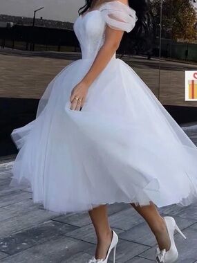 Missacc Elegant White Off-Shoulder Tulle Midi Dress Size 12